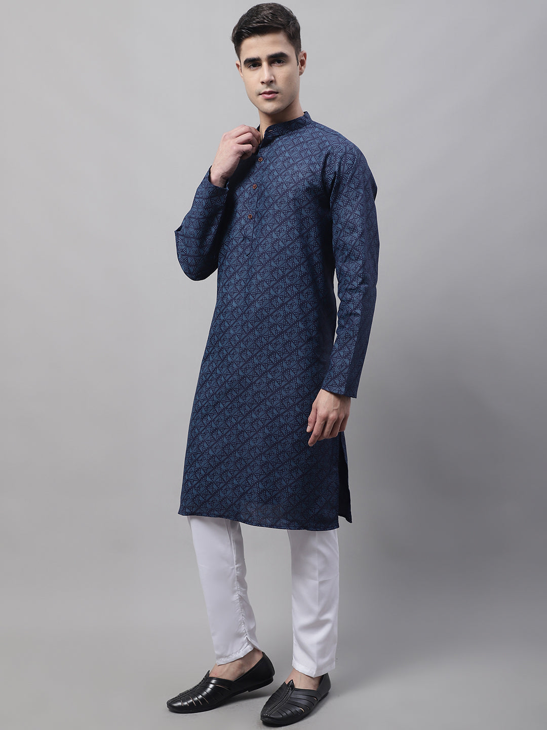 Jompers Men's Navy Blue Printed Pure Cotton Kurta Payjama Set