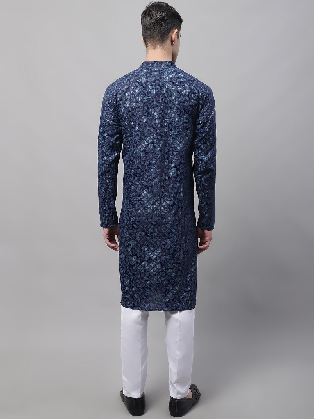 Jompers Men's Navy Blue Printed Pure Cotton Kurta Payjama Set