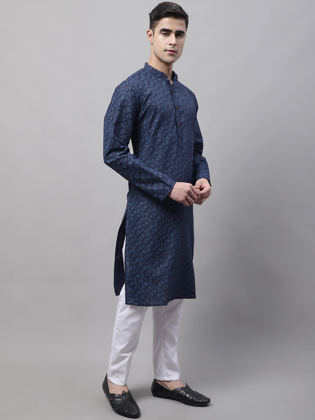 Jompers Men's Navy Blue Printed Pure Cotton Kurta Payjama Set