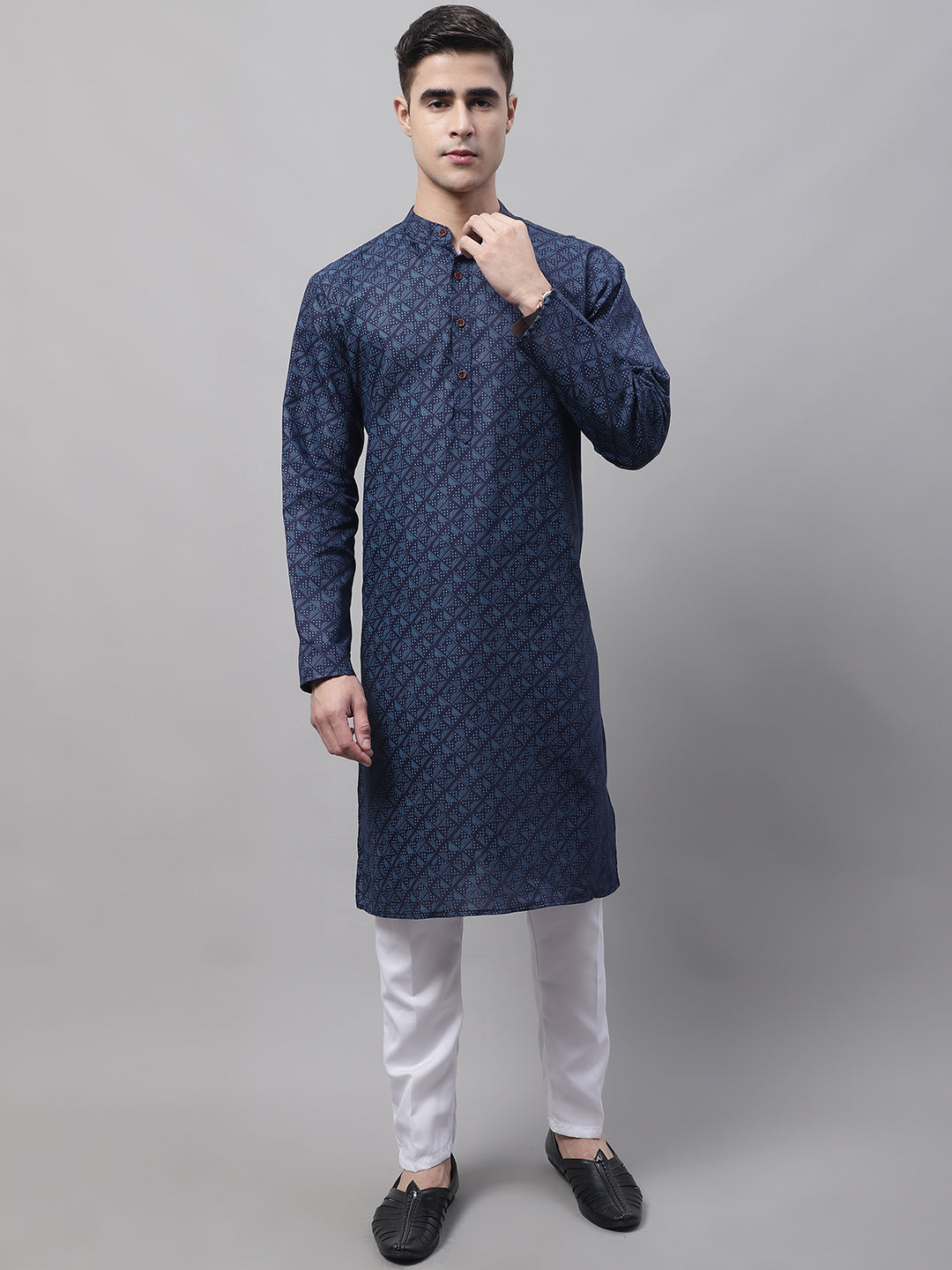 Jompers Men's Navy Blue Printed Pure Cotton Kurta Payjama Set