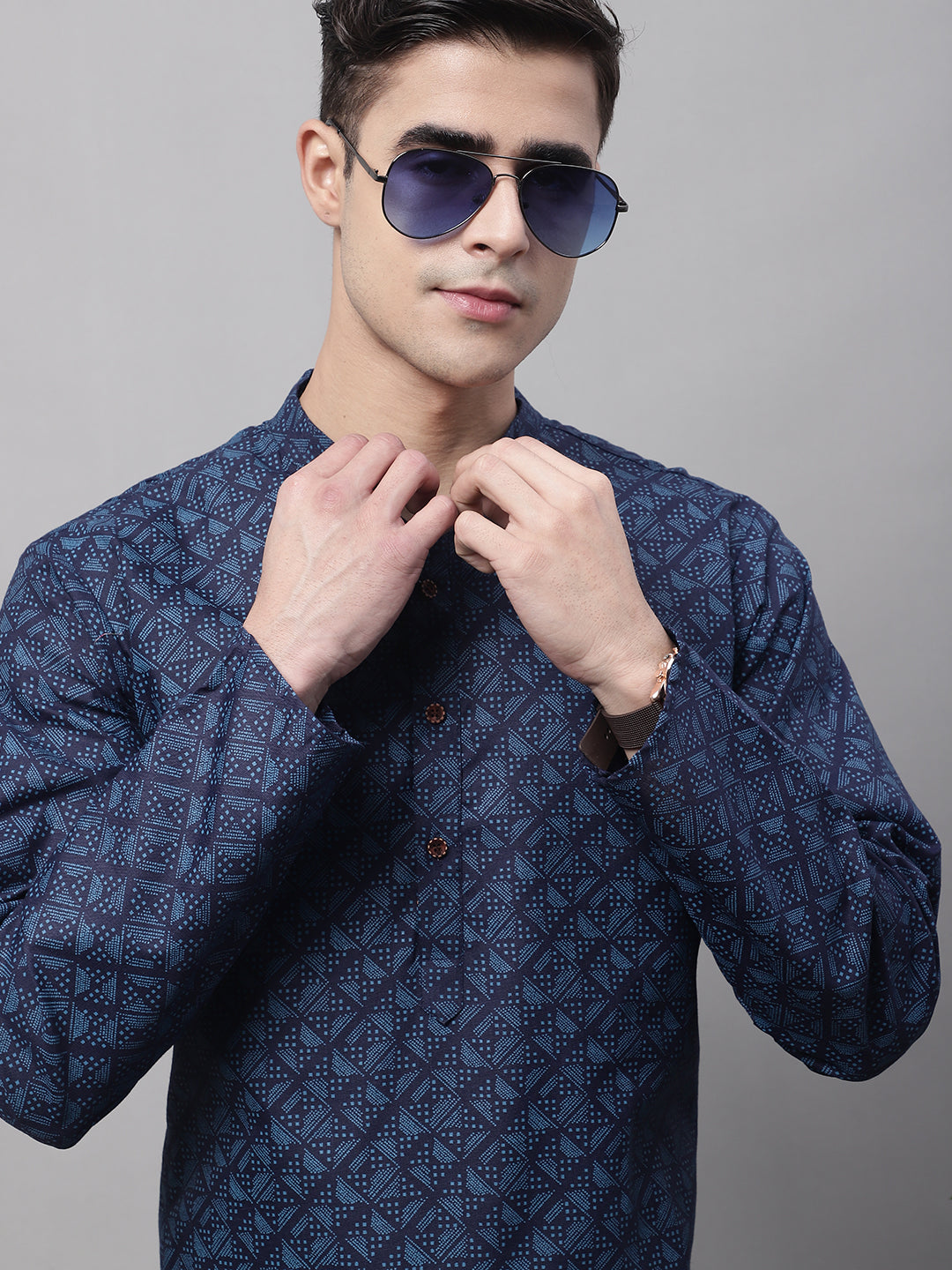Jompers Men's Navy Blue Printed Pure Cotton Kurta Payjama Set