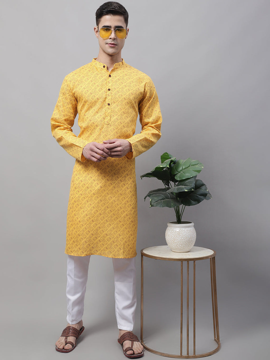 Jompers Men's Yellow Printed Pure Cotton Kurta Payjama Set