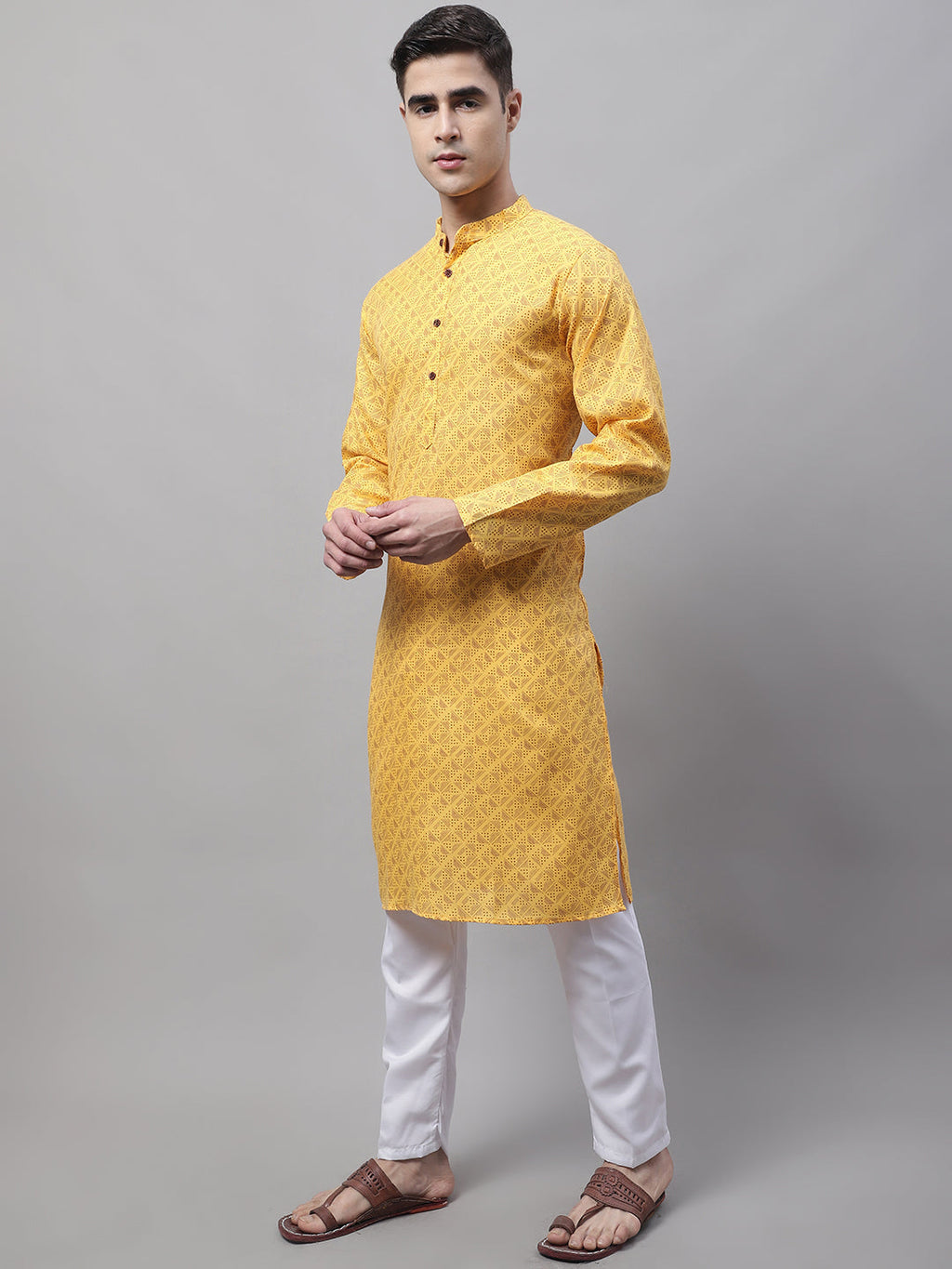 Jompers Men's Yellow Printed Pure Cotton Kurta Payjama Set