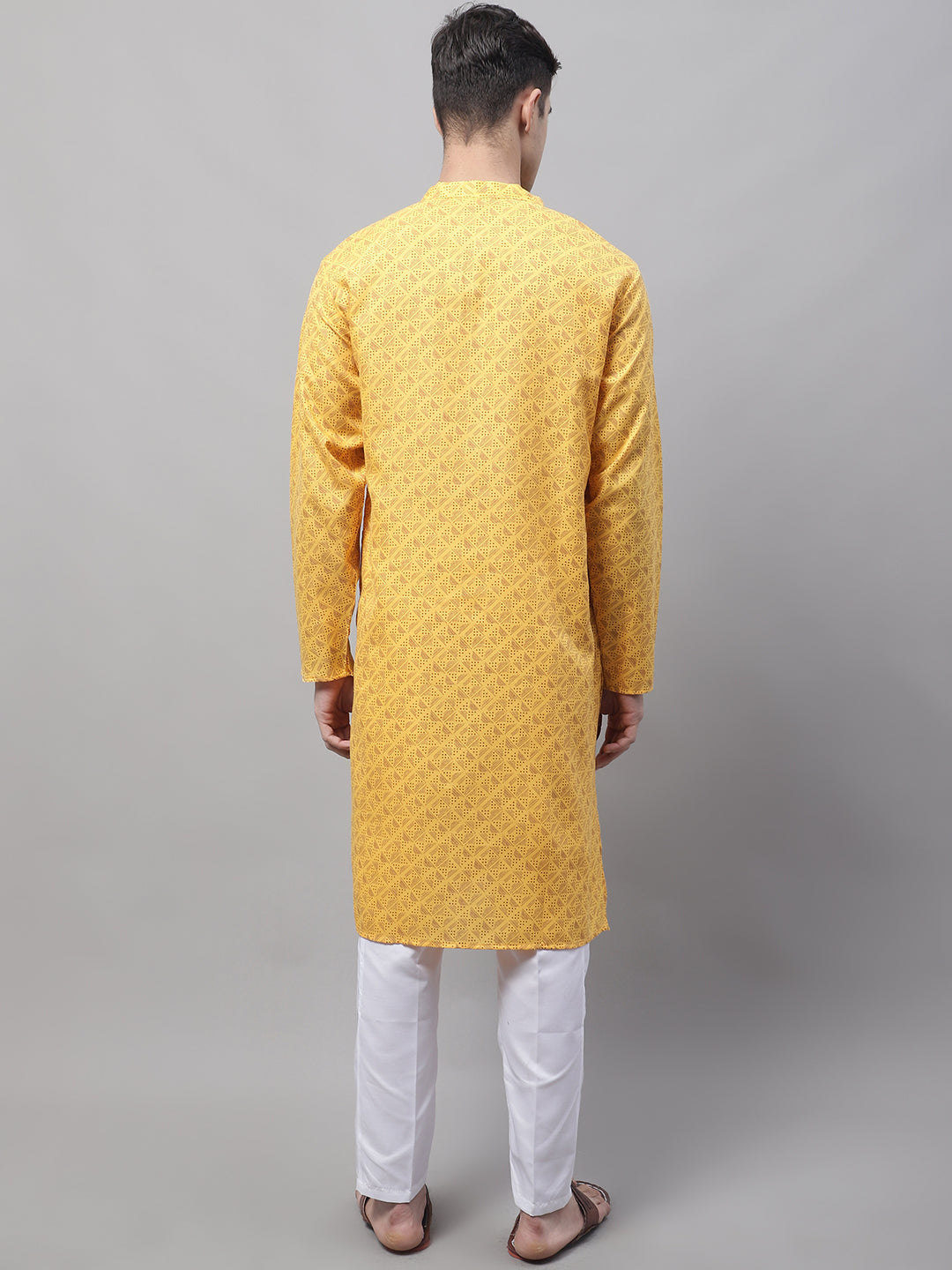 Jompers Men's Yellow Printed Pure Cotton Kurta Payjama Set