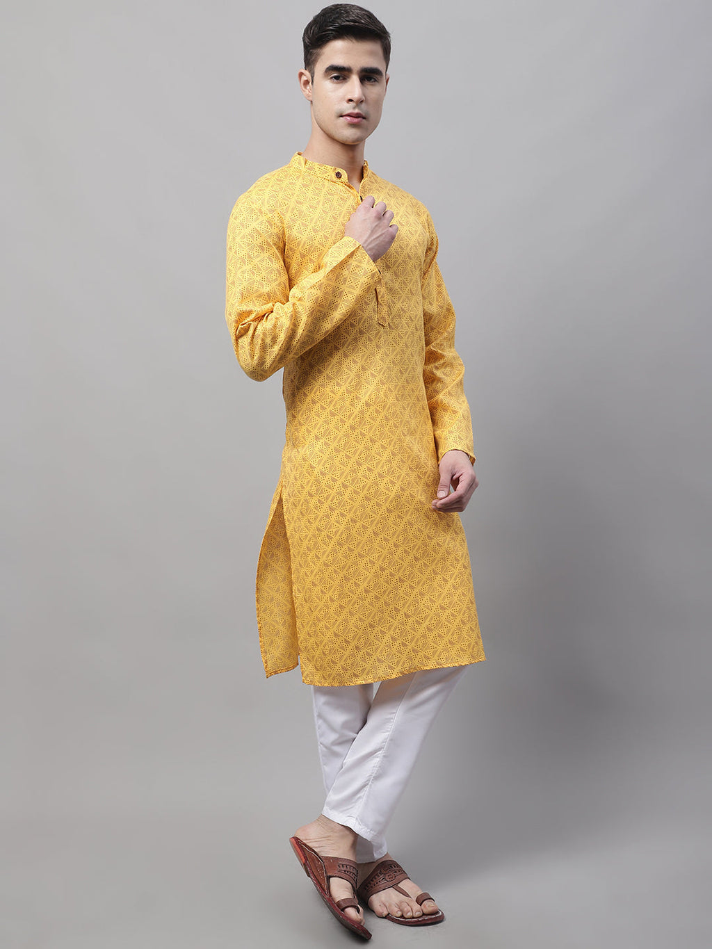 Jompers Men's Yellow Printed Pure Cotton Kurta Payjama Set