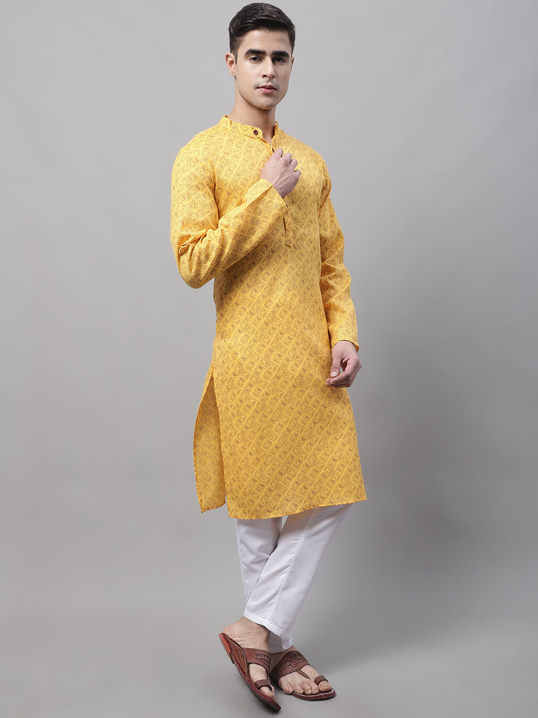 Jompers Men's Yellow Printed Pure Cotton Kurta Payjama Set