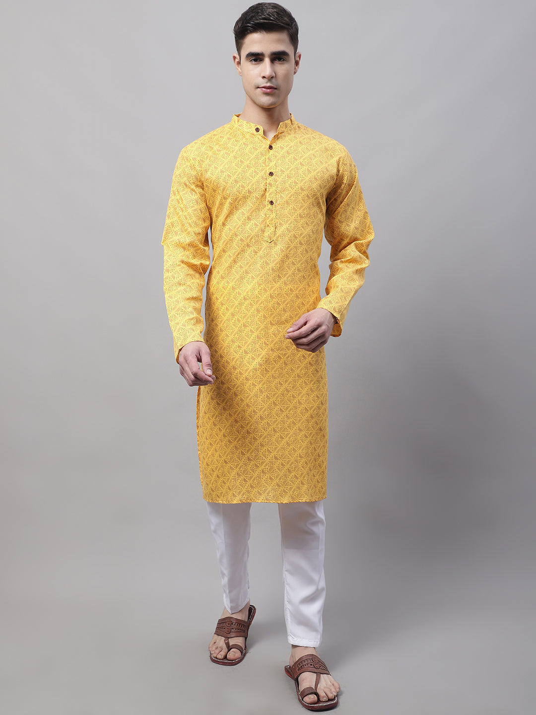 Jompers Men's Yellow Printed Pure Cotton Kurta Payjama Set