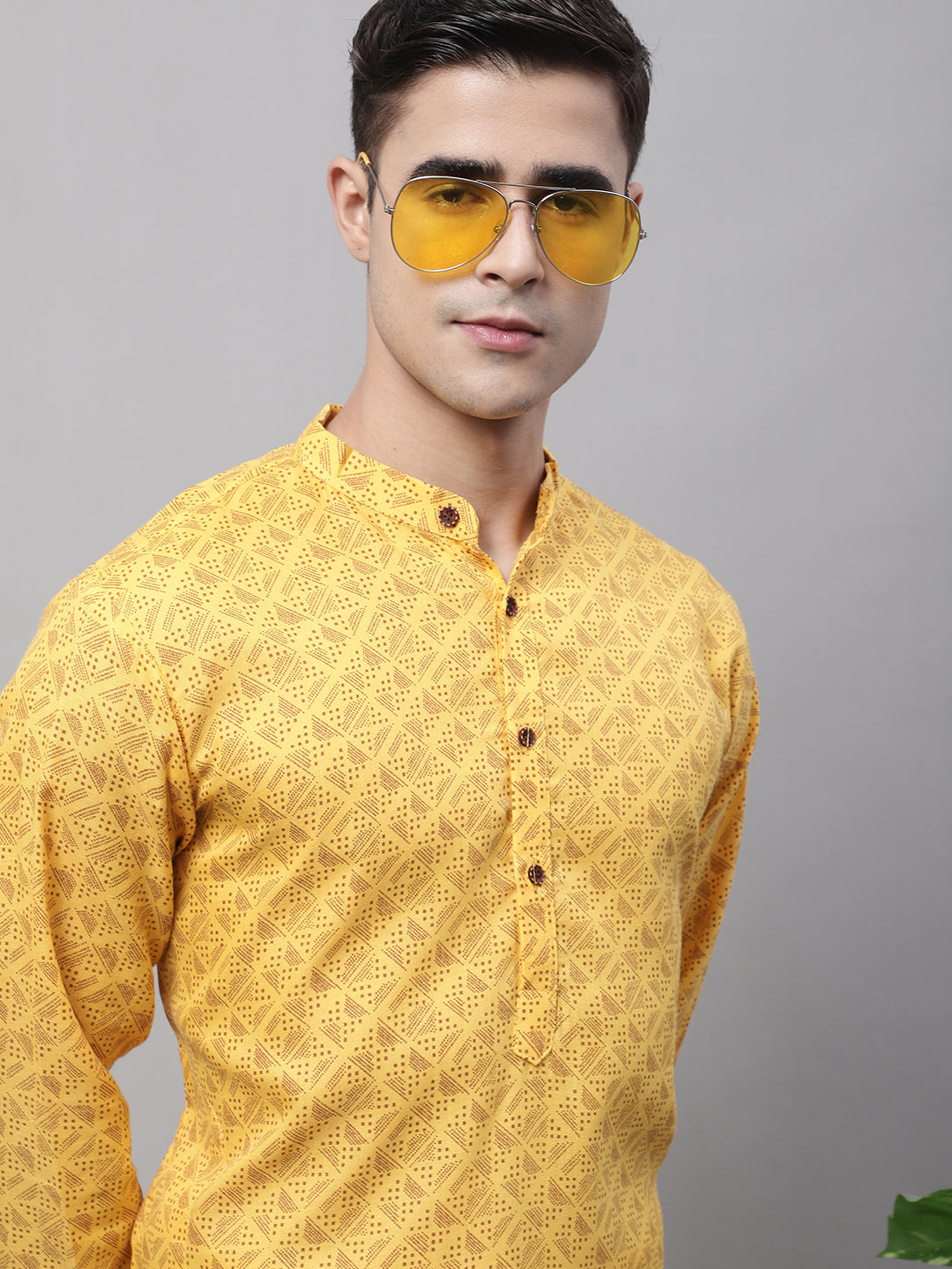 Jompers Men's Yellow Printed Pure Cotton Kurta Payjama Set