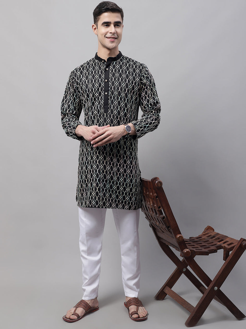 Jompers Men's Black and Multi Coloured Embroidered Straight Kurta Pyjama Set