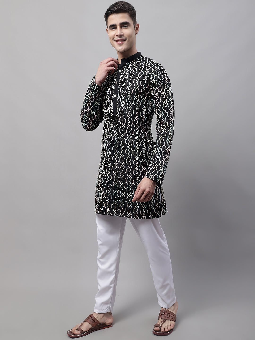 Jompers Men's Black and Multi Coloured Embroidered Straight Kurta Pyjama Set
