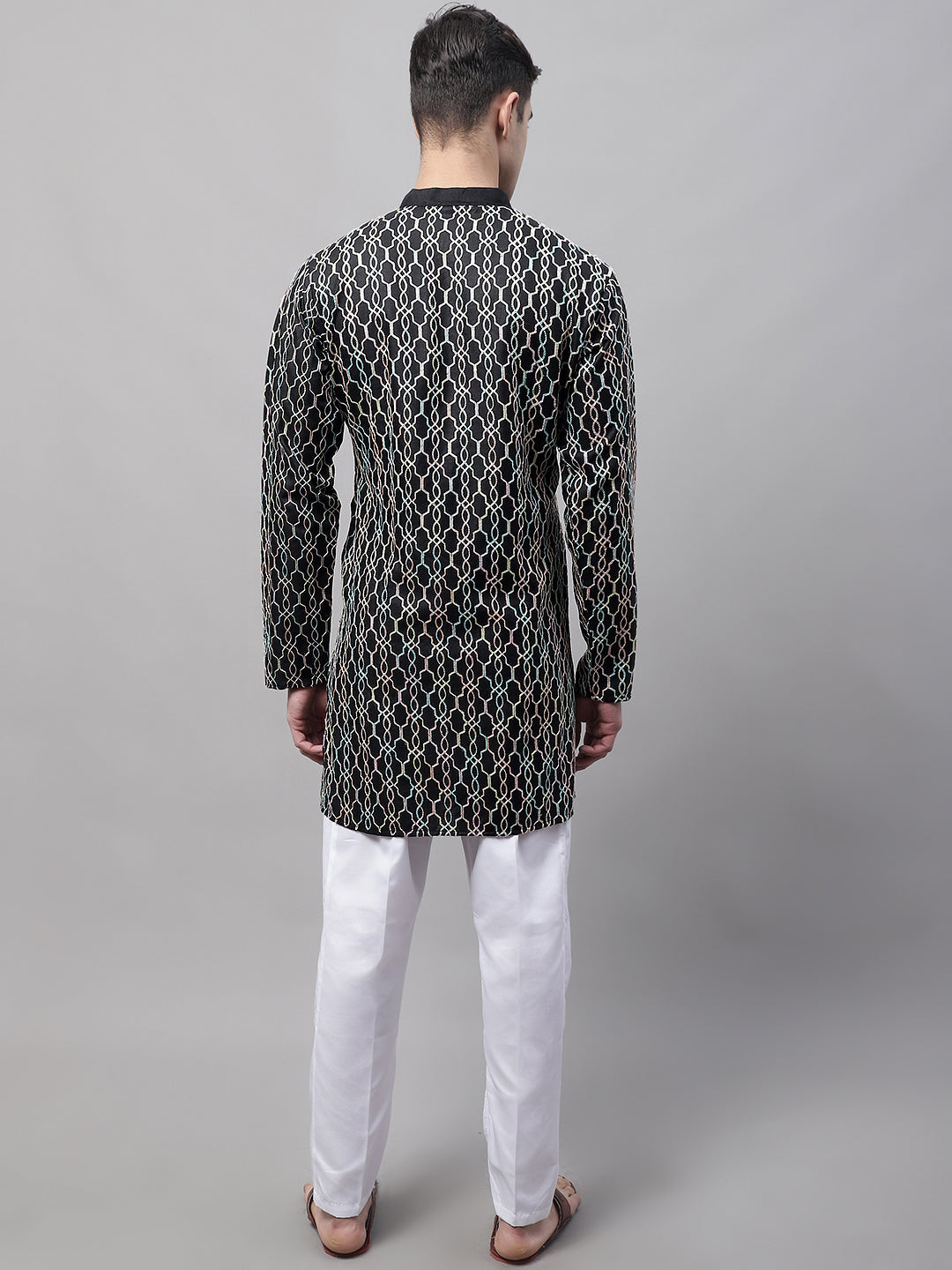 Jompers Men's Black and Multi Coloured Embroidered Straight Kurta Pyjama Set