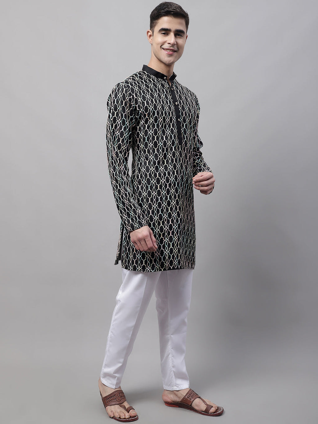 Jompers Men's Black and Multi Coloured Embroidered Straight Kurta Pyjama Set
