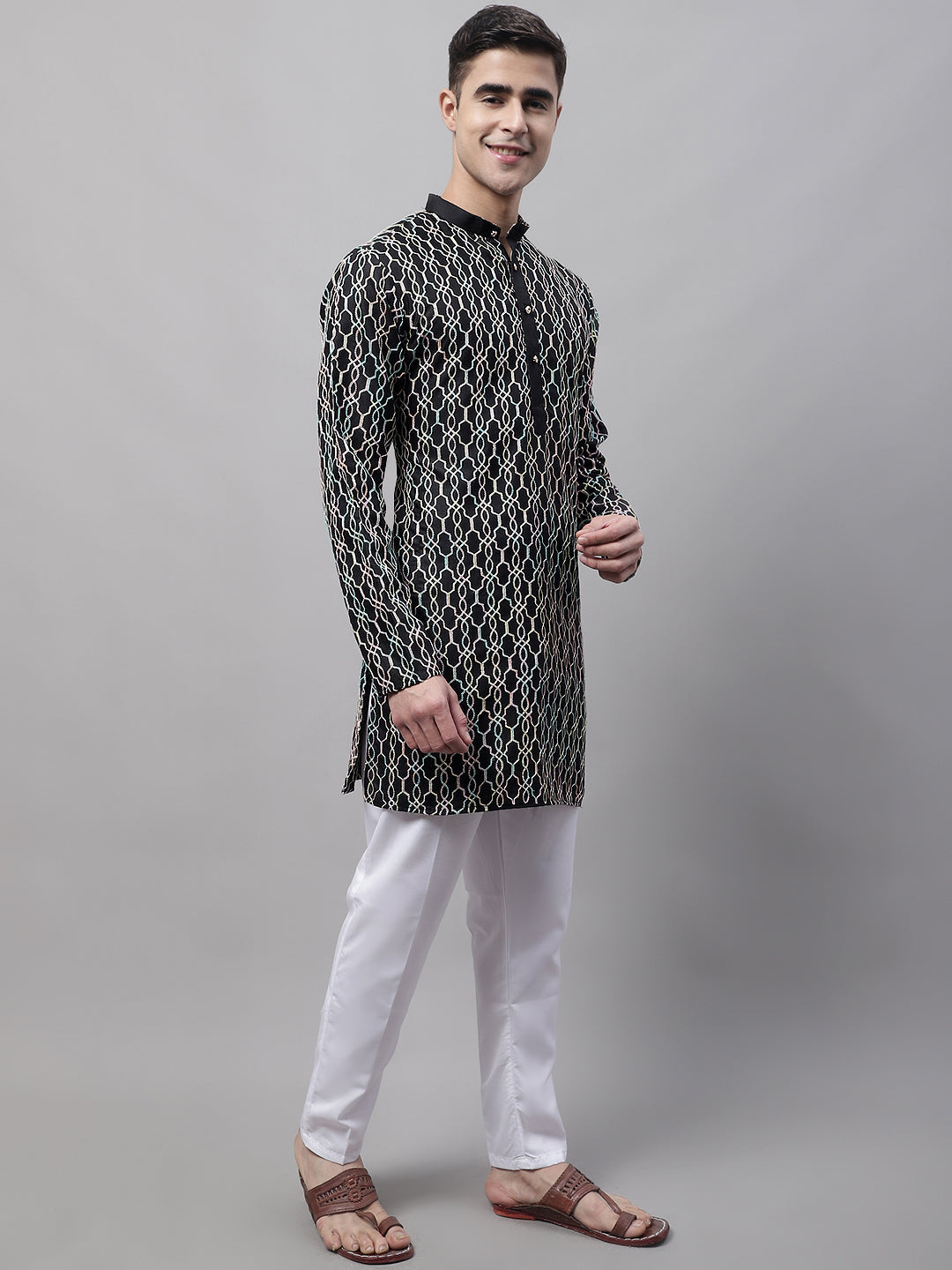 Jompers Men's Black and Multi Coloured Embroidered Straight Kurta Pyjama Set