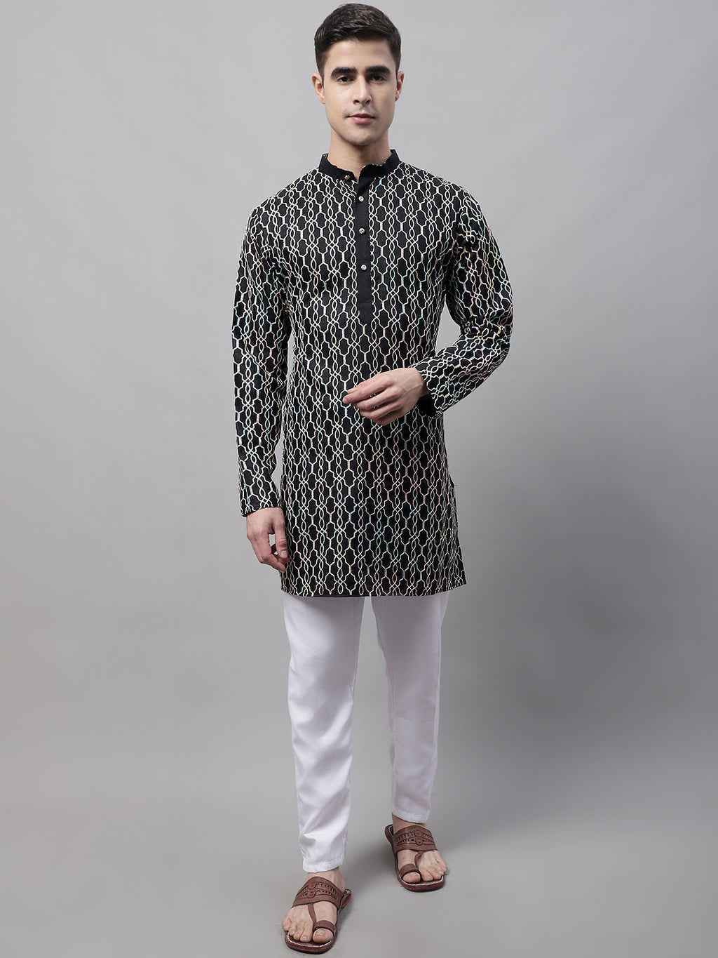 Jompers Men's Black and Multi Coloured Embroidered Straight Kurta Pyjama Set