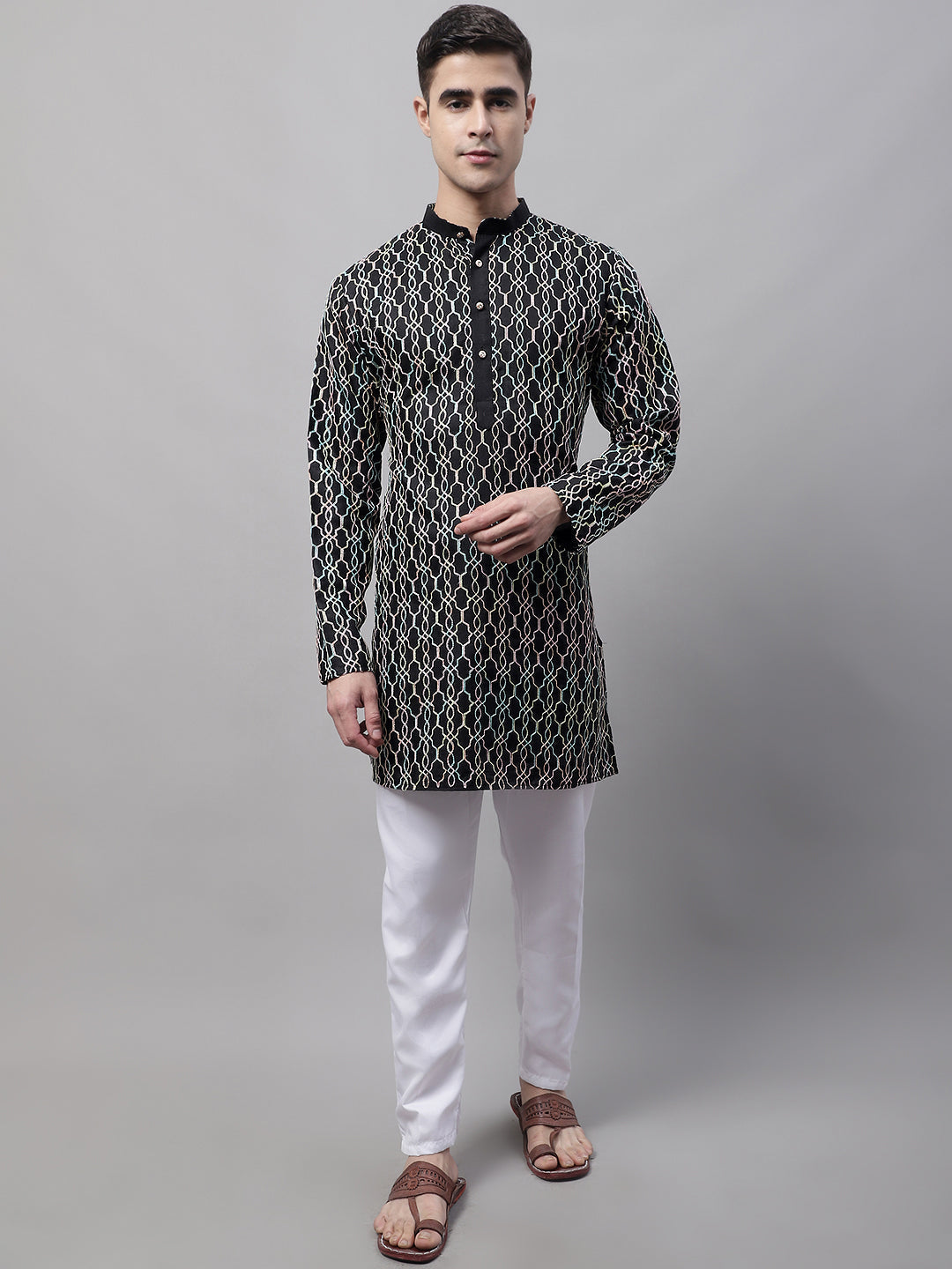 Jompers Men's Black and Multi Coloured Embroidered Straight Kurta Pyjama Set
