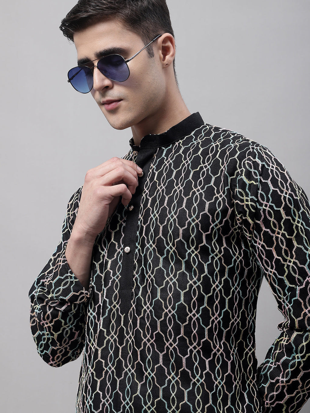 Jompers Men's Black and Multi Coloured Embroidered Straight Kurta Pyjama Set