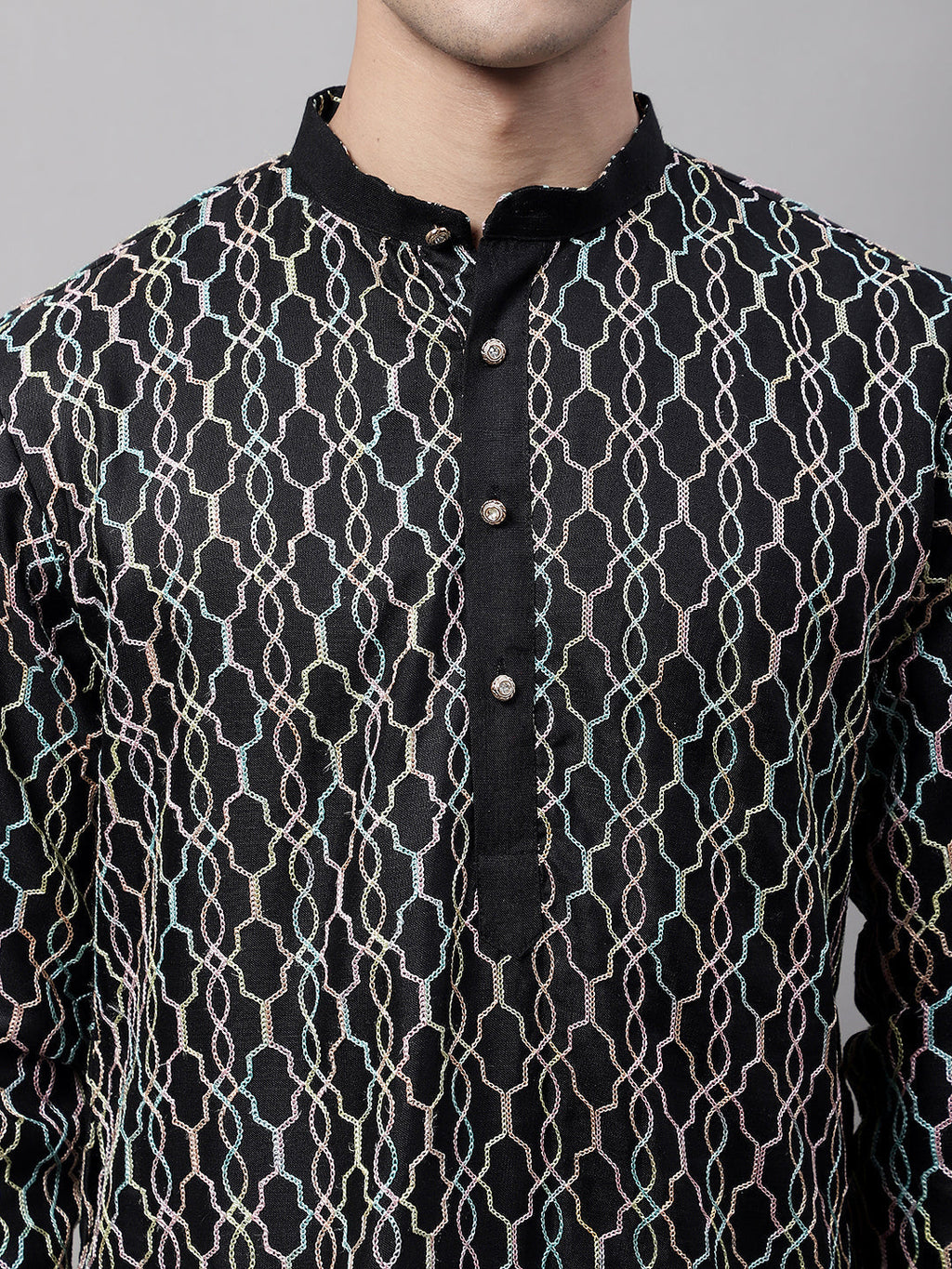 Jompers Men's Black and Multi Coloured Embroidered Straight Kurta Pyjama Set