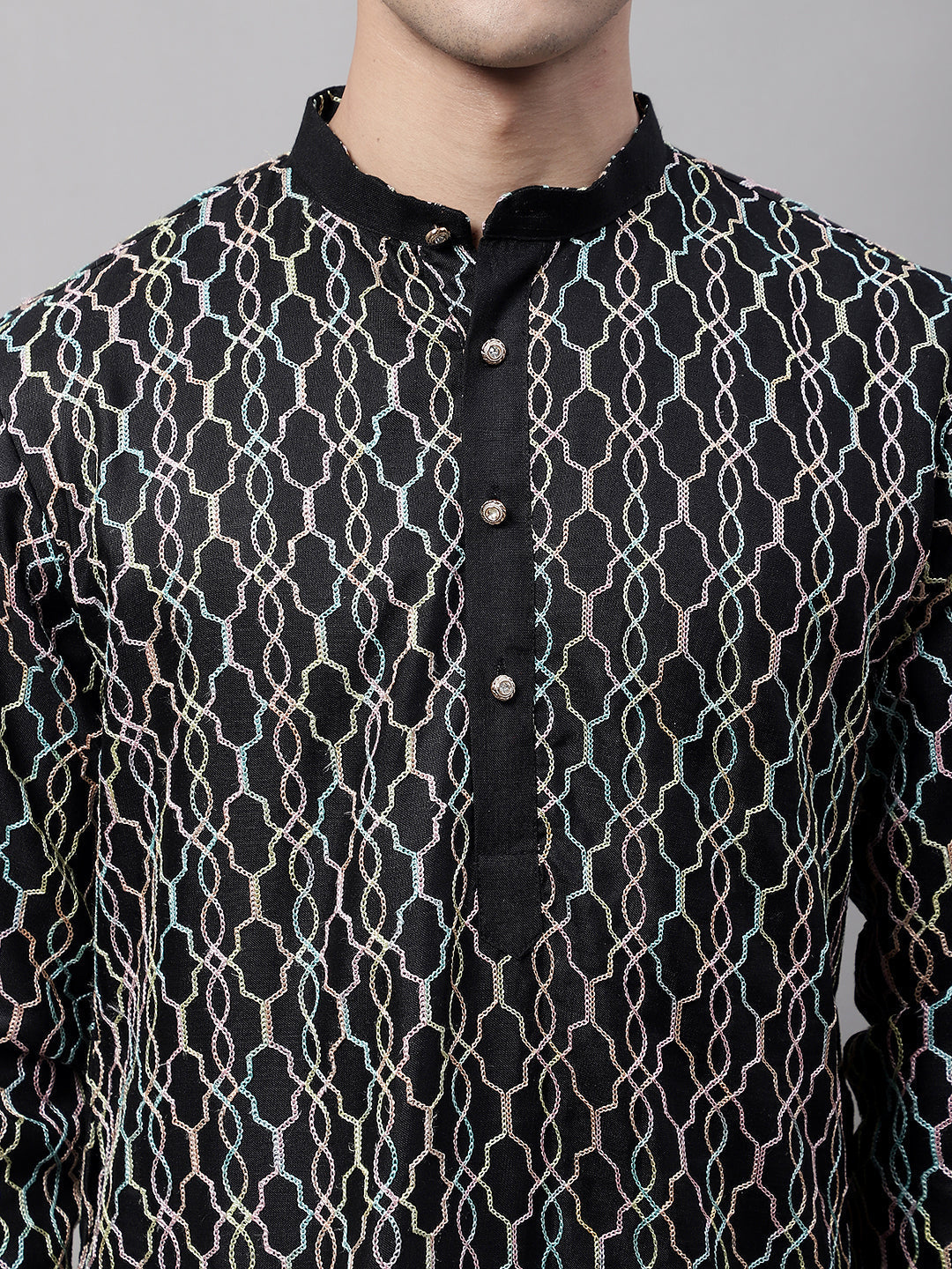 Jompers Men's Black and Multi Coloured Embroidered Straight Kurta Pyjama Set