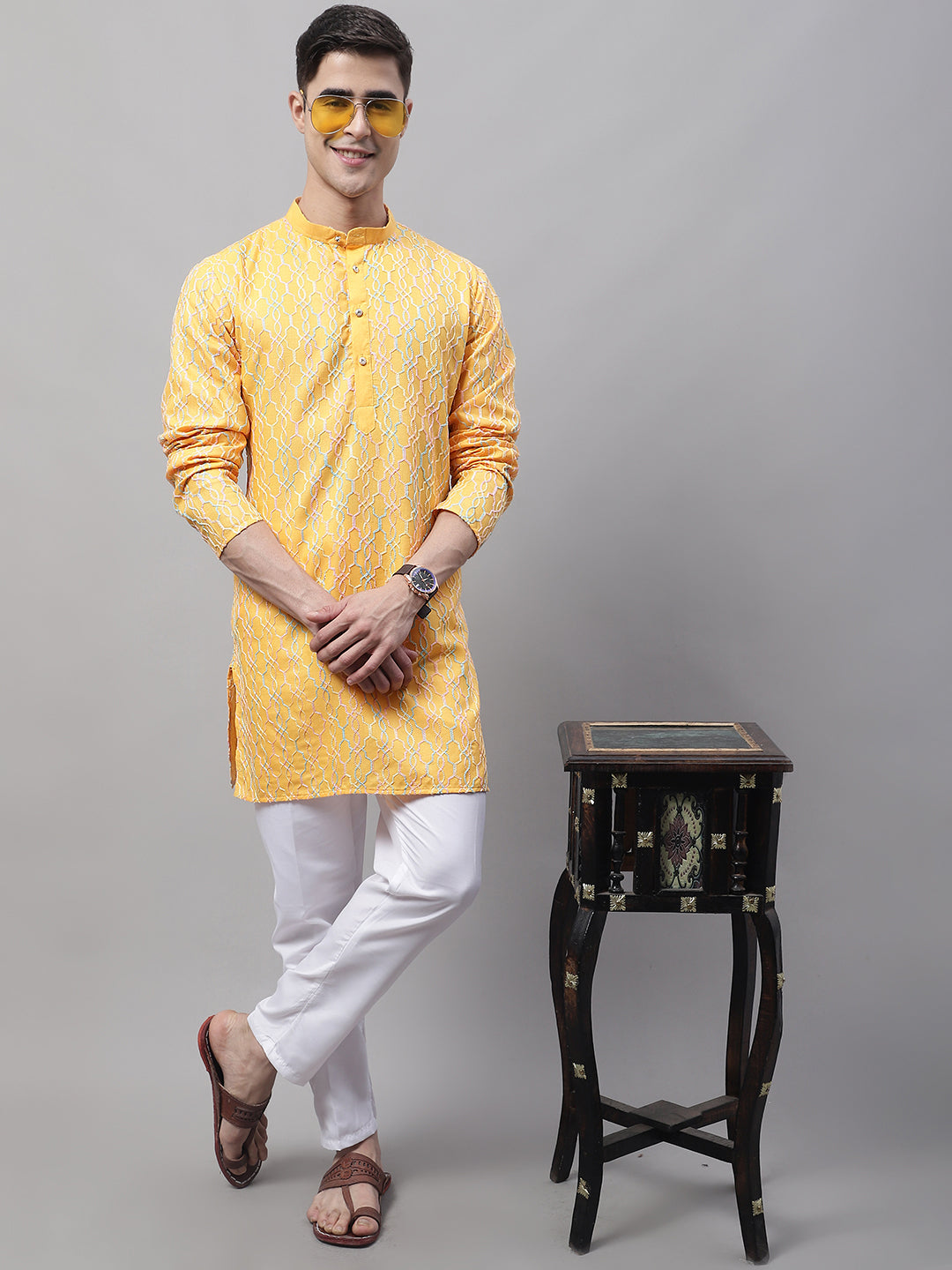 Jompers Men's Mustard and Multi Coloured Embroidered Straight Kurta Pyjama Set