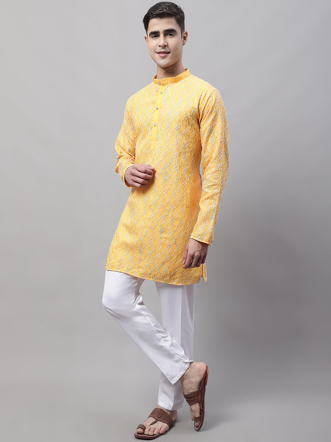 Jompers Men's Mustard and Multi Coloured Embroidered Straight Kurta Pyjama Set