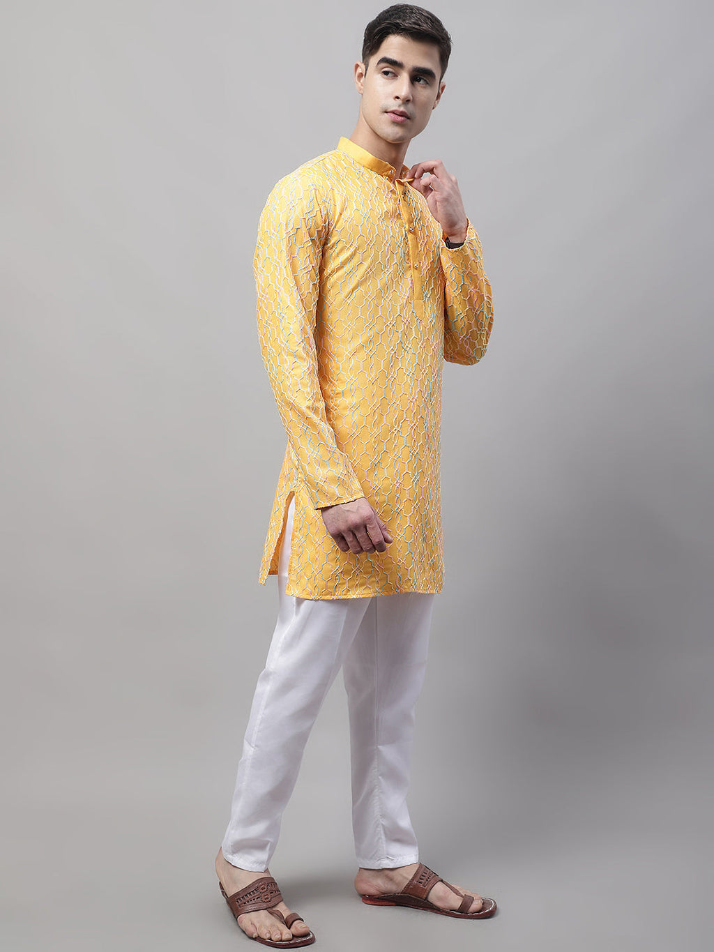 Jompers Men's Mustard and Multi Coloured Embroidered Straight Kurta Pyjama Set