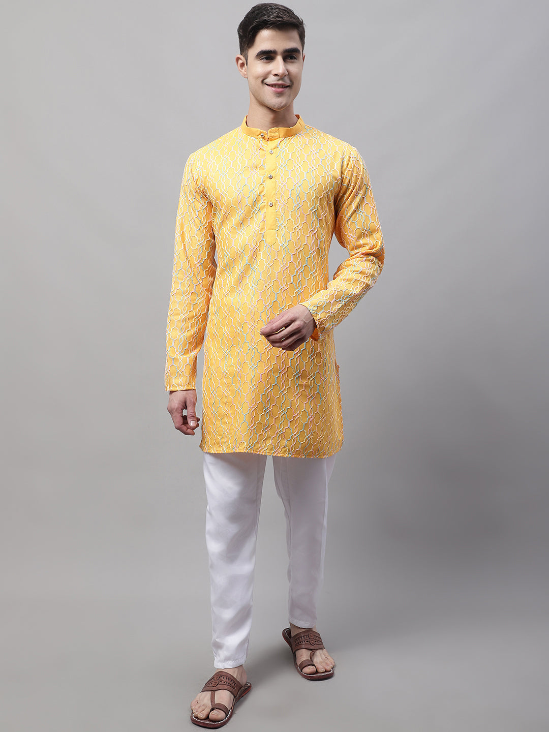 Jompers Men's Mustard and Multi Coloured Embroidered Straight Kurta Pyjama Set