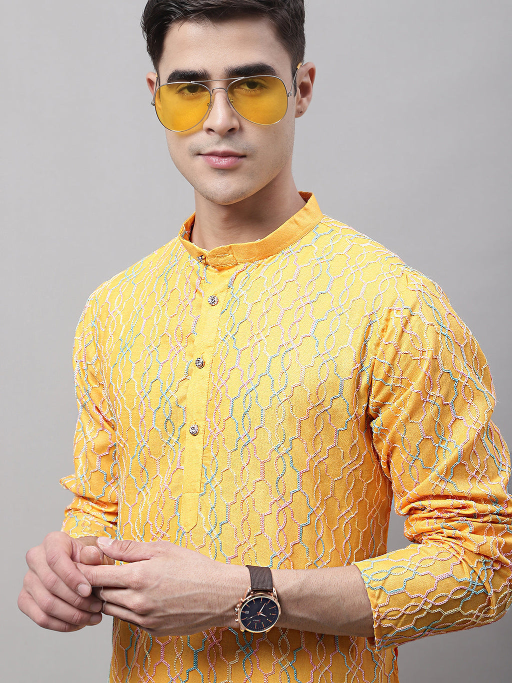 Jompers Men's Mustard and Multi Coloured Embroidered Straight Kurta Pyjama Set