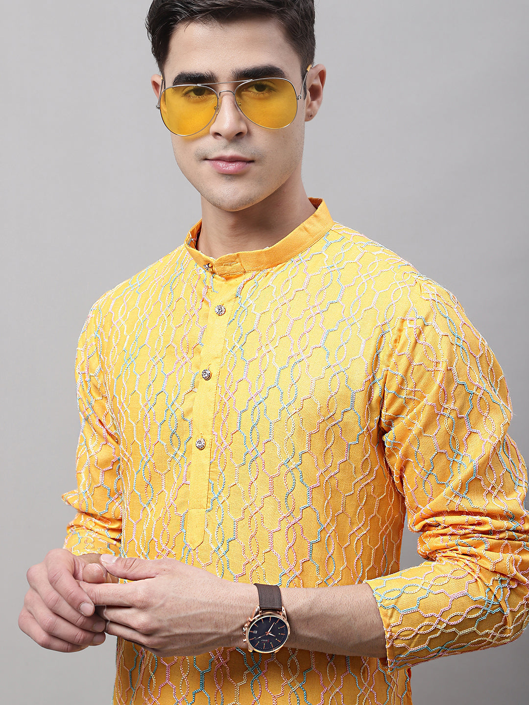 Jompers Men's Mustard and Multi Coloured Embroidered Straight Kurta Pyjama Set