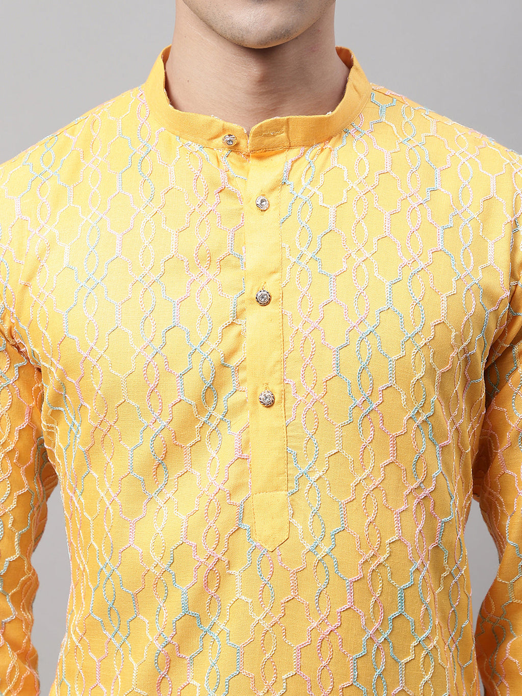 Jompers Men's Mustard and Multi Coloured Embroidered Straight Kurta Pyjama Set