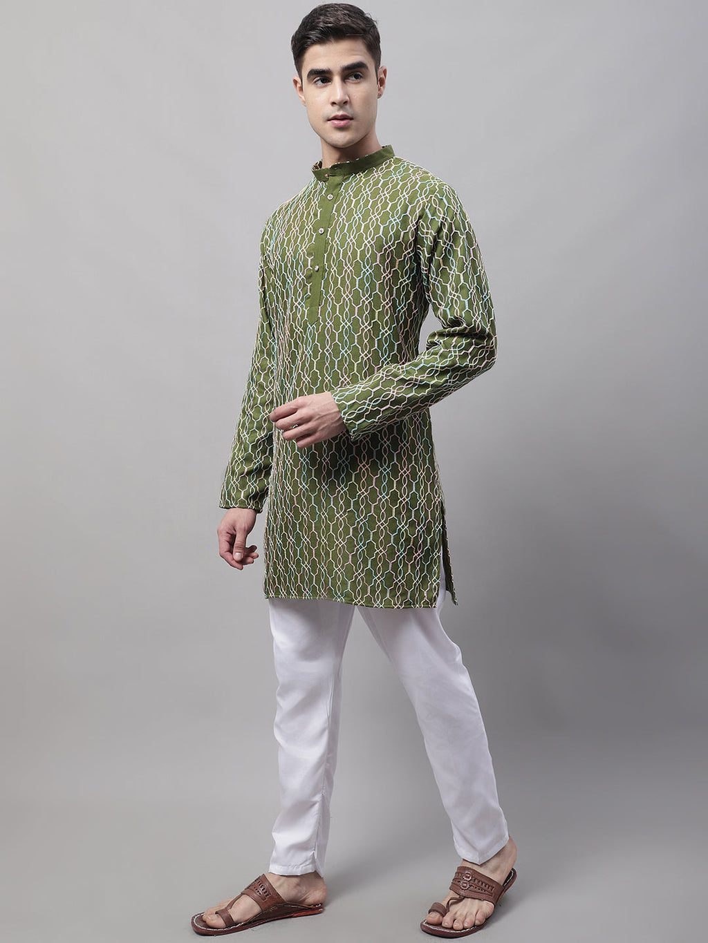 Jompers Men's Olive Green and Multi Coloured Embroidered Straight Kurta Pyjama Set