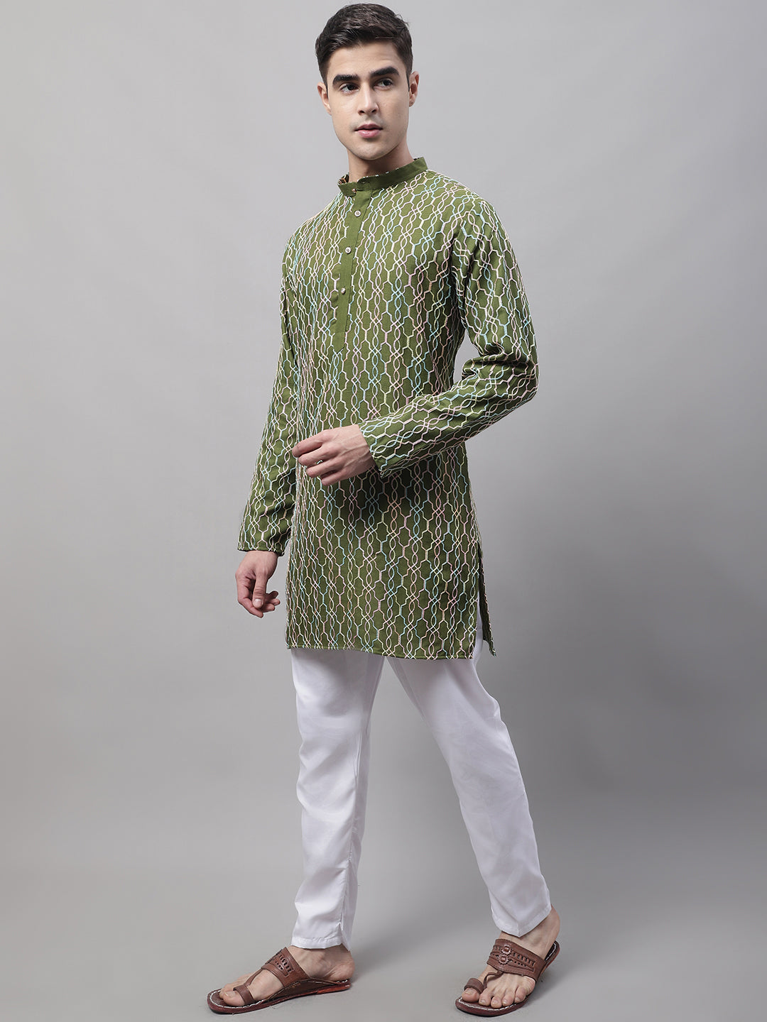 Jompers Men's Olive Green and Multi Coloured Embroidered Straight Kurta Pyjama Set