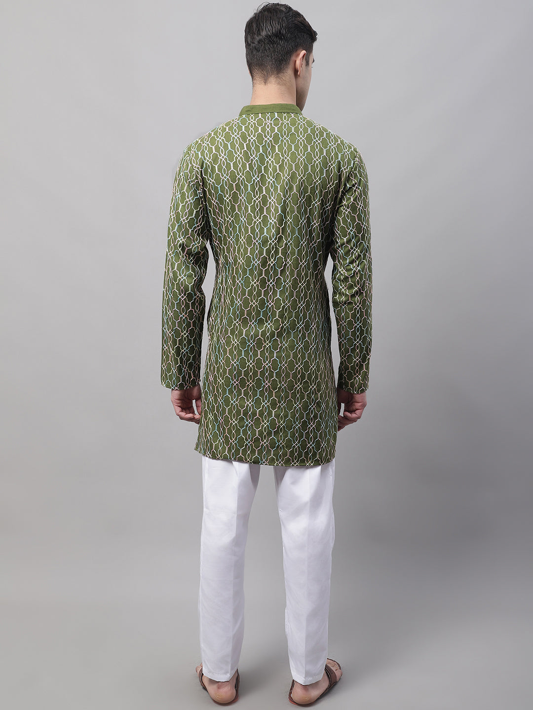 Jompers Men's Olive Green and Multi Coloured Embroidered Straight Kurta Pyjama Set