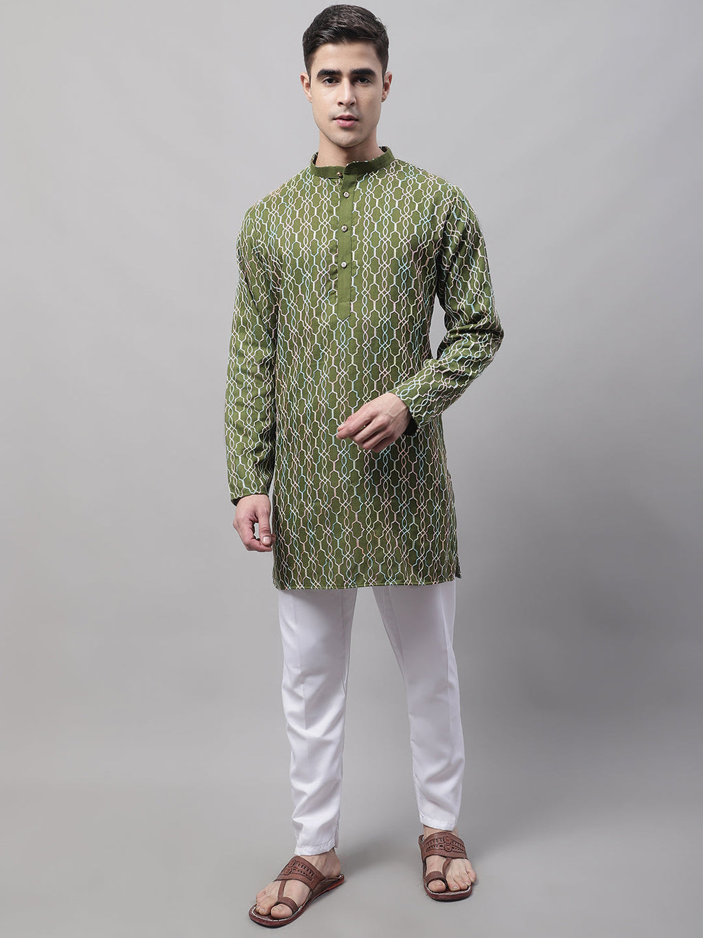 Jompers Men's Olive Green and Multi Coloured Embroidered Straight Kurta Pyjama Set