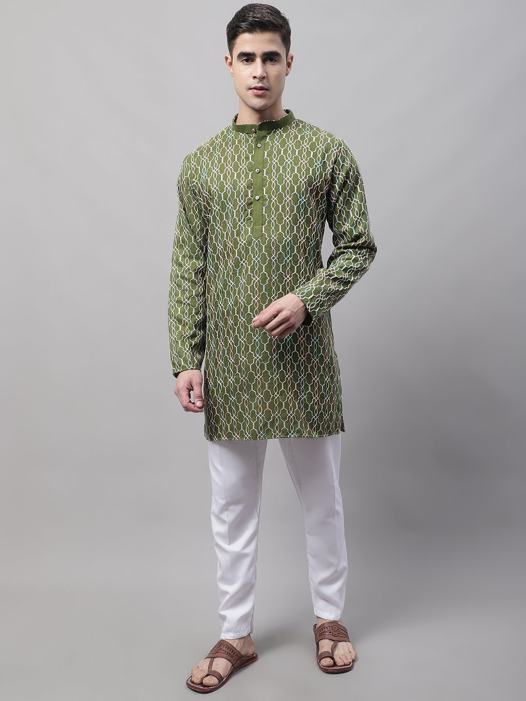 Jompers Men's Olive Green and Multi Coloured Embroidered Straight Kurta Pyjama Set
