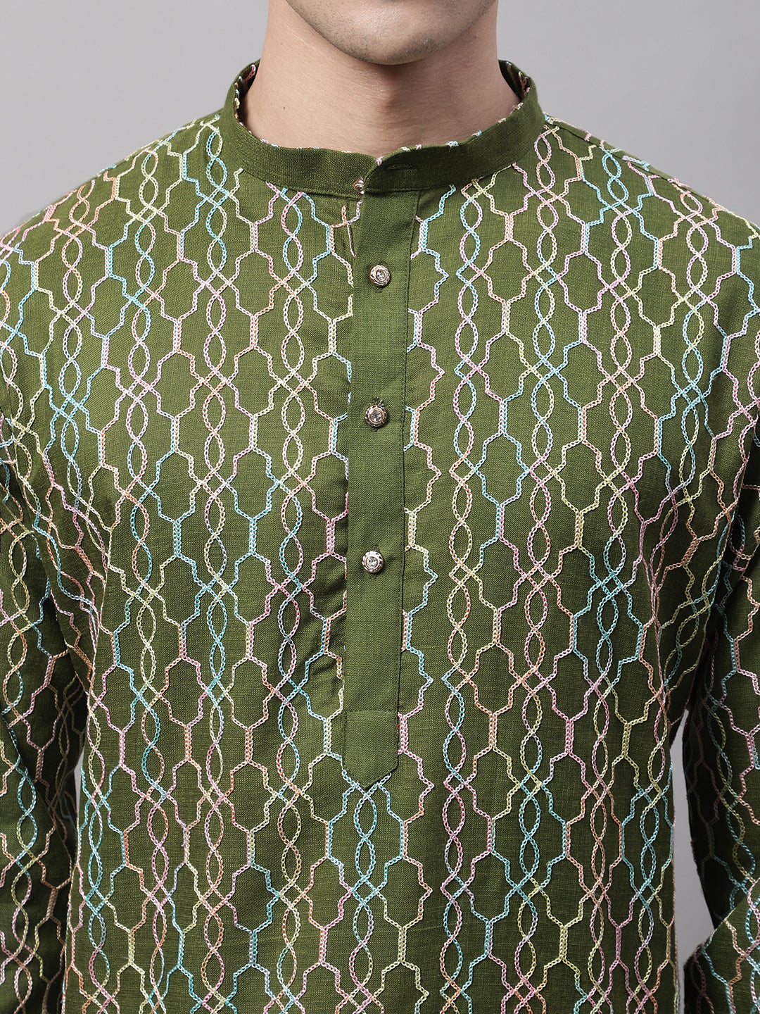 Jompers Men's Olive Green and Multi Coloured Embroidered Straight Kurta Pyjama Set
