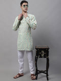 Jompers Men's Pista Green and Multi Coloured Embroidered Straight Kurta Pyjama Set