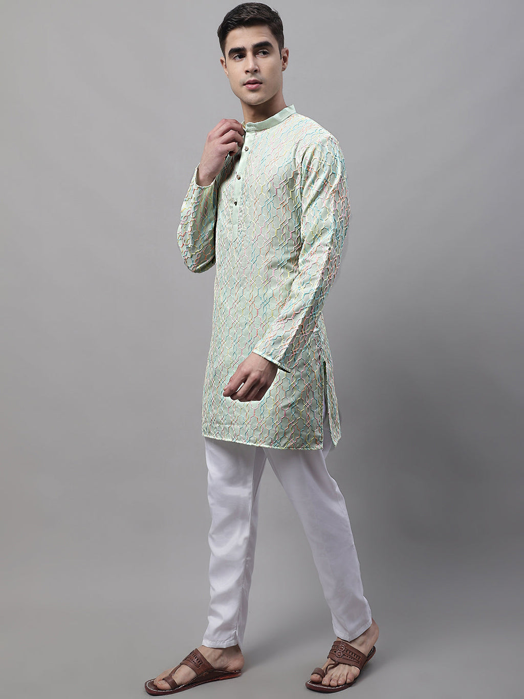 Jompers Men's Pista Green and Multi Coloured Embroidered Straight Kurta Pyjama Set