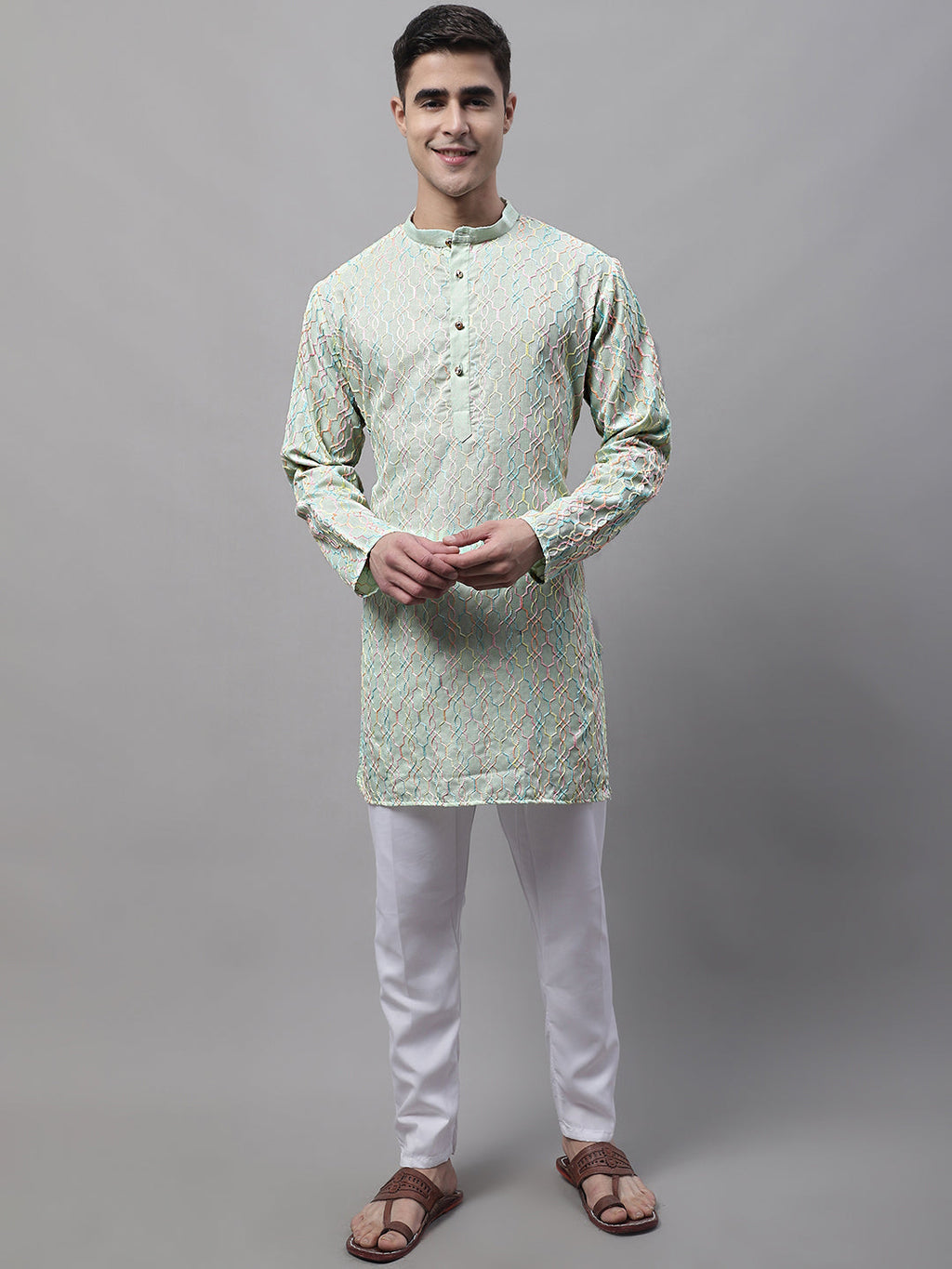 Jompers Men's Pista Green and Multi Coloured Embroidered Straight Kurta Pyjama Set