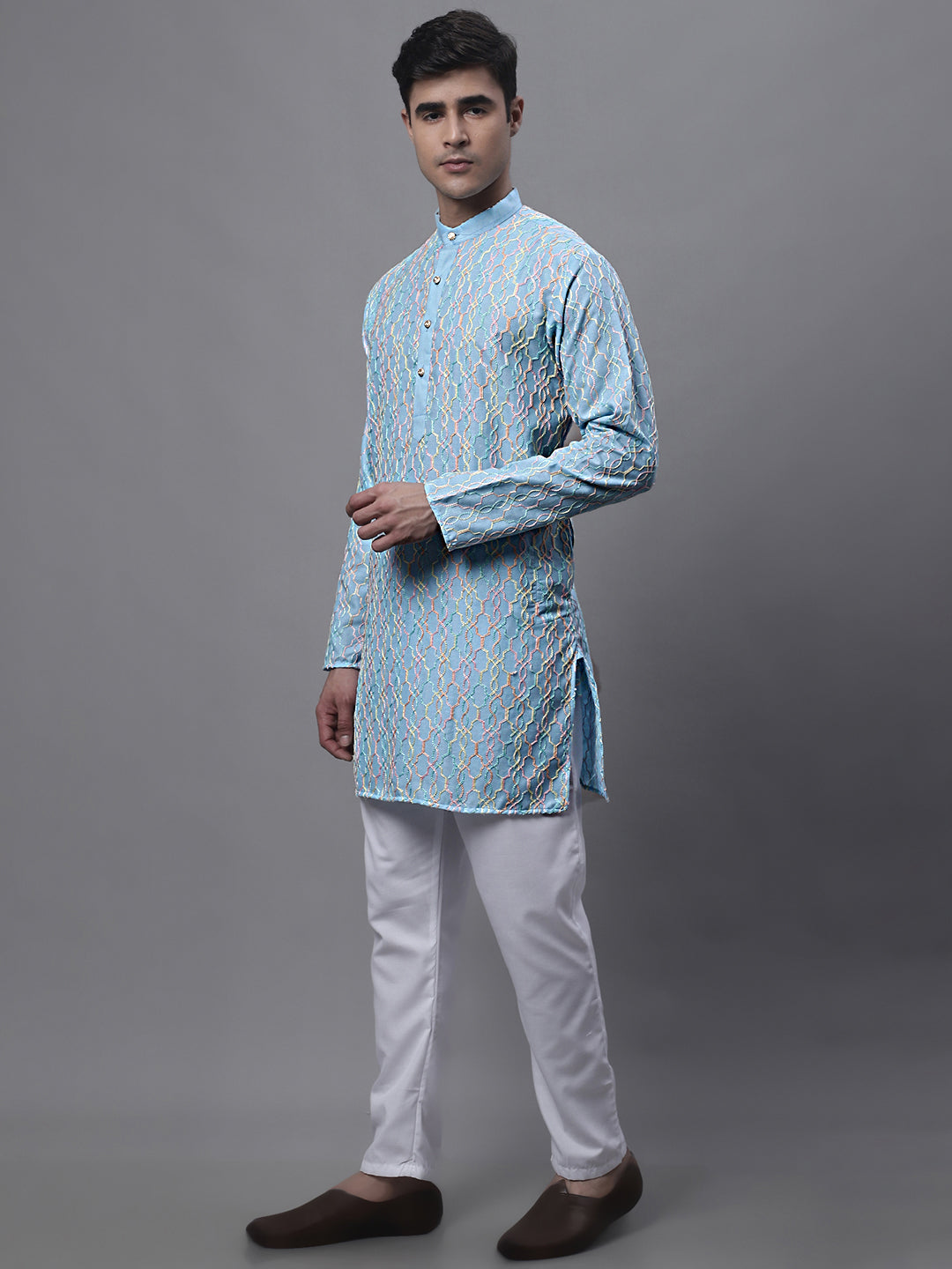 Jompers Men's Sky Blue and Multi Coloured Embroidered Straight Kurta Pyjama Set