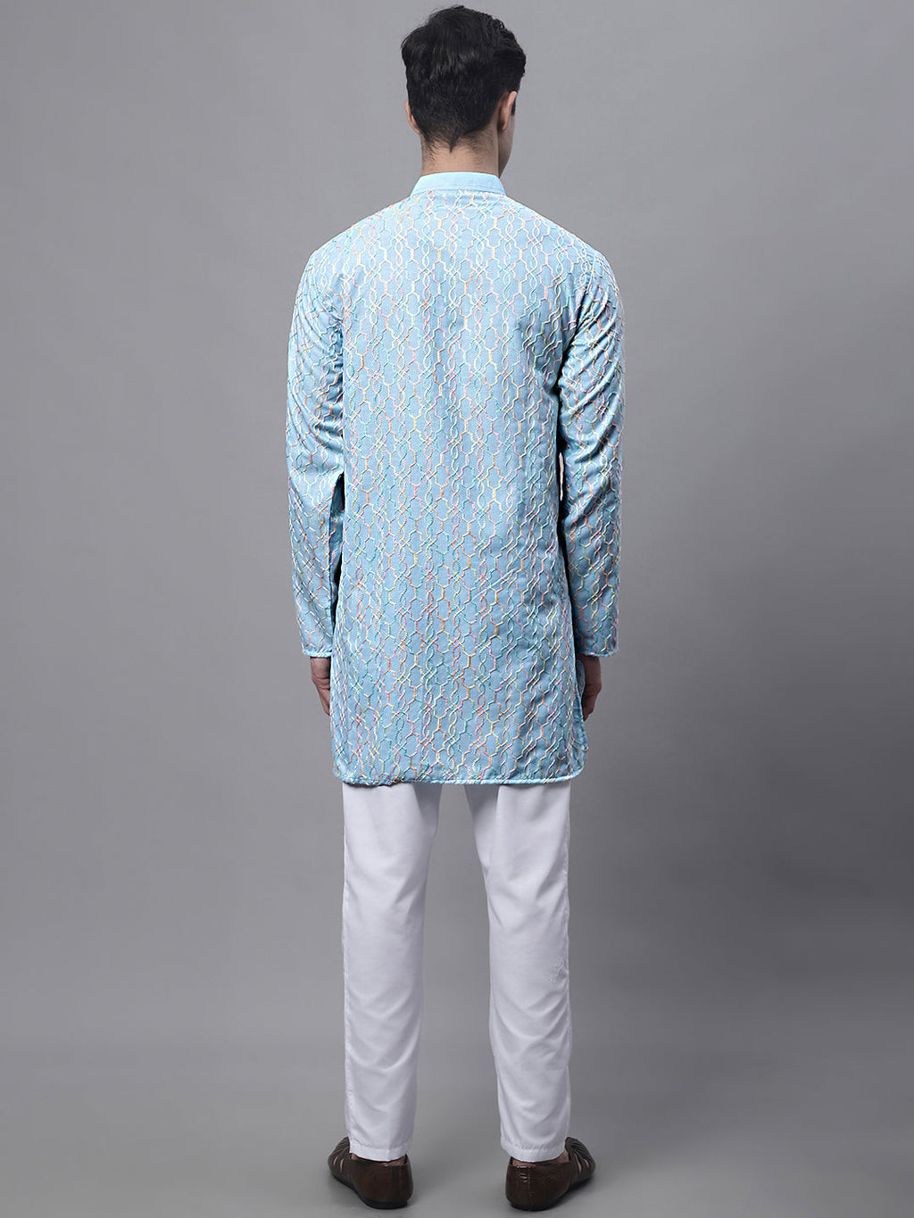 Jompers Men's Sky Blue and Multi Coloured Embroidered Straight Kurta Pyjama Set