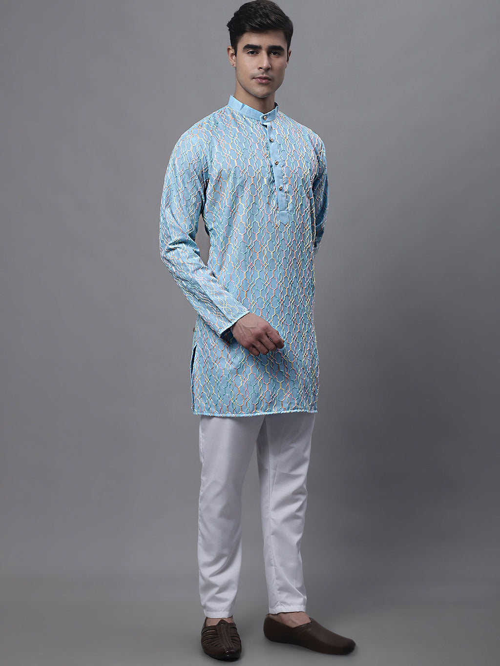Jompers Men's Sky Blue and Multi Coloured Embroidered Straight Kurta Pyjama Set