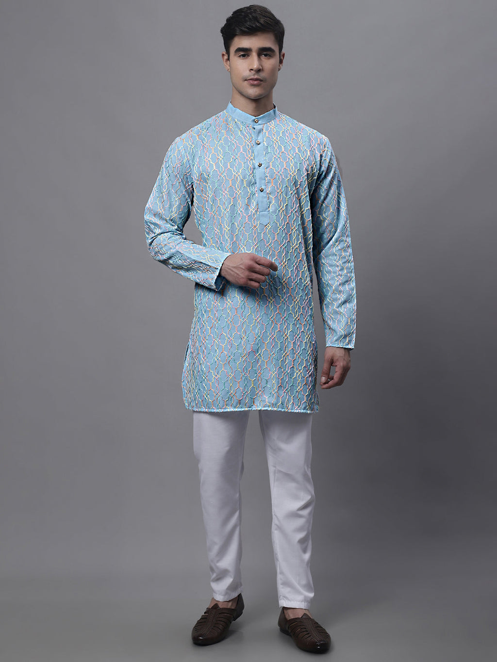 Jompers Men's Sky Blue and Multi Coloured Embroidered Straight Kurta Pyjama Set