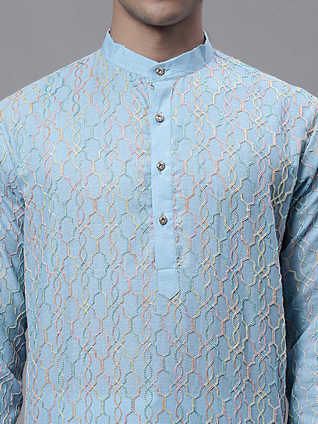 Jompers Men's Sky Blue and Multi Coloured Embroidered Straight Kurta Pyjama Set