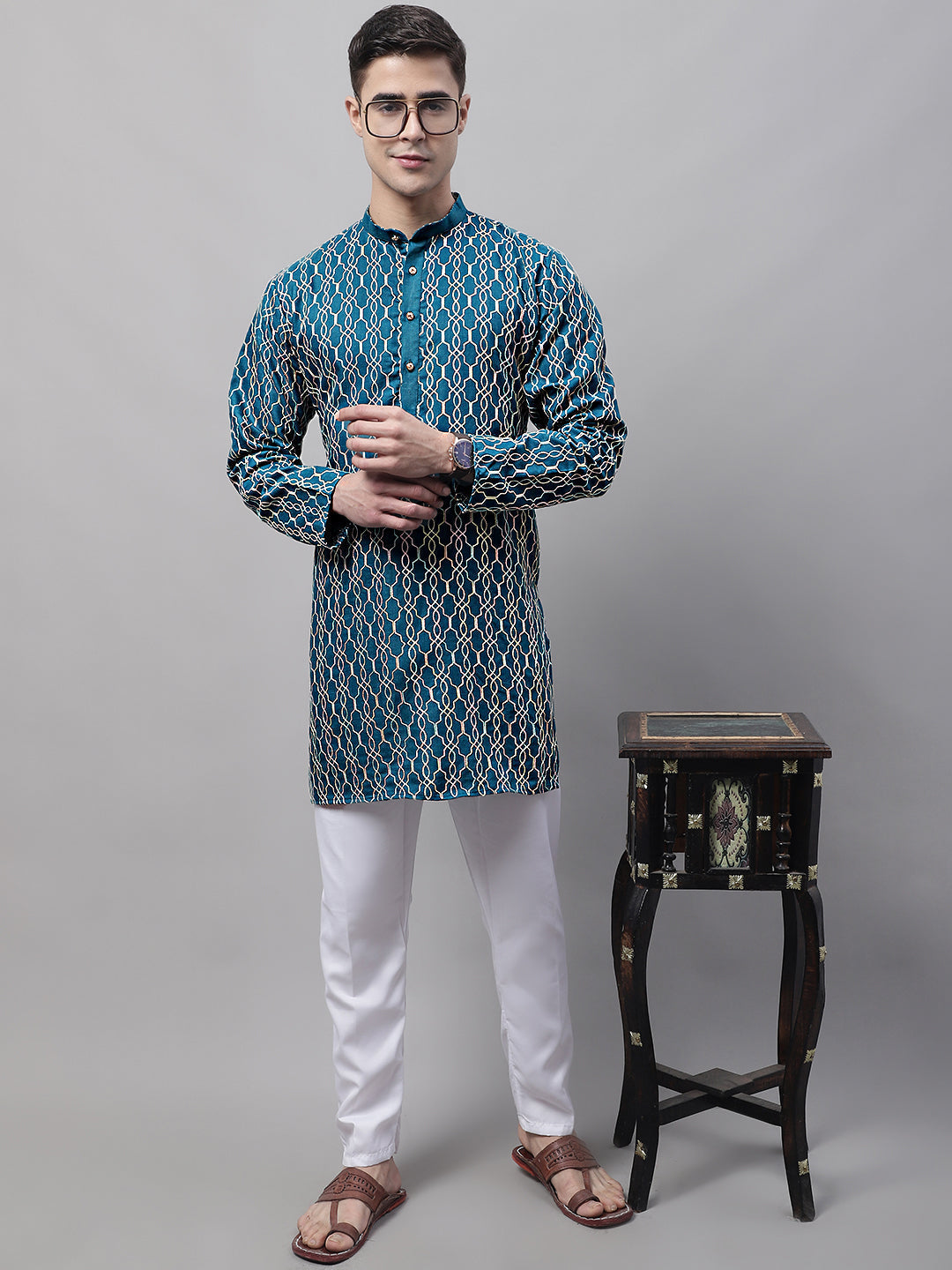 Jompers Men's Teal Blue and Multi Coloured Embroidered Straight Kurta Pyjama Set