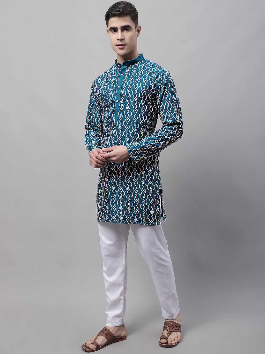 Jompers Men's Teal Blue and Multi Coloured Embroidered Straight Kurta Pyjama Set