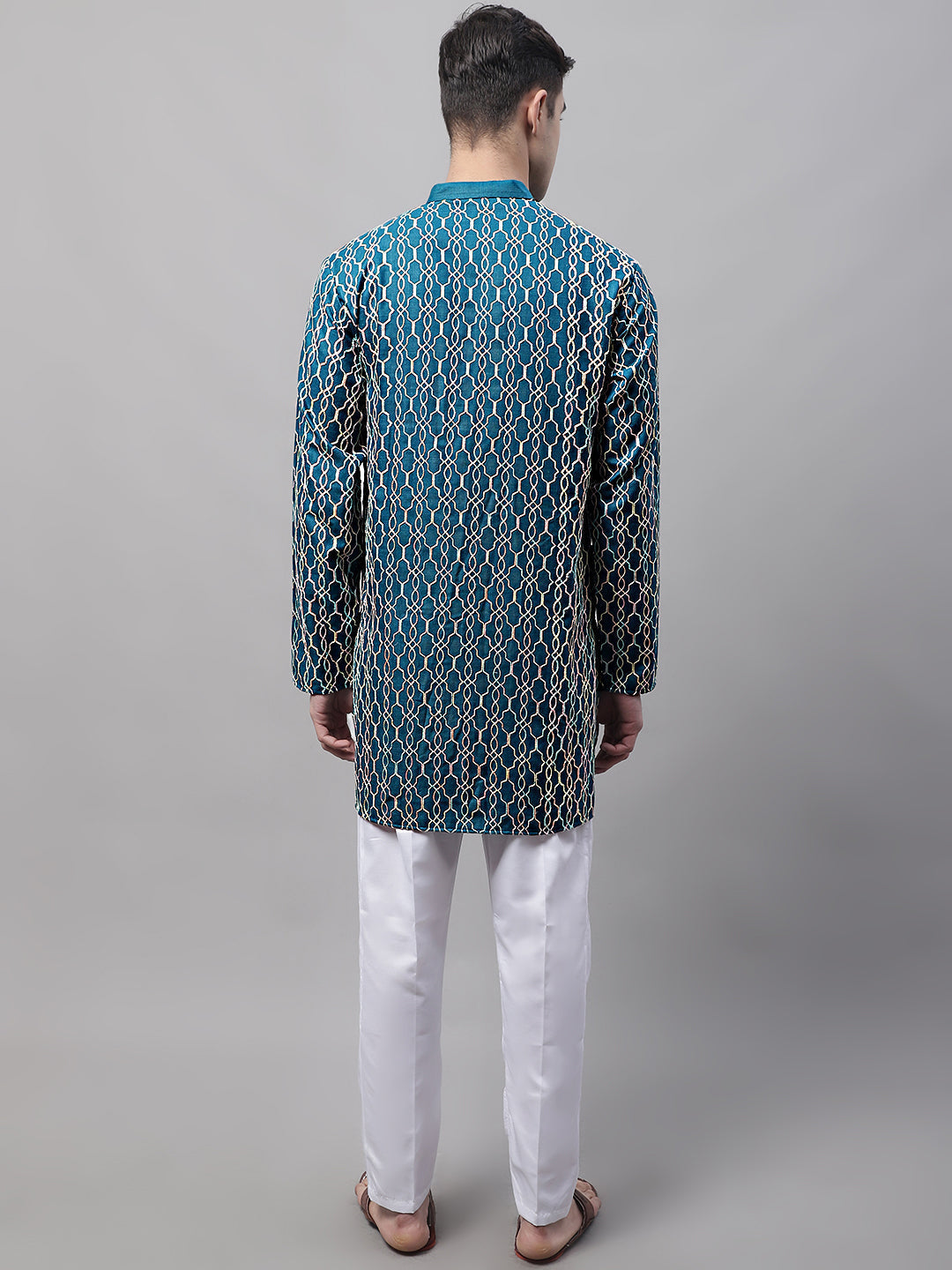 Jompers Men's Teal Blue and Multi Coloured Embroidered Straight Kurta Pyjama Set