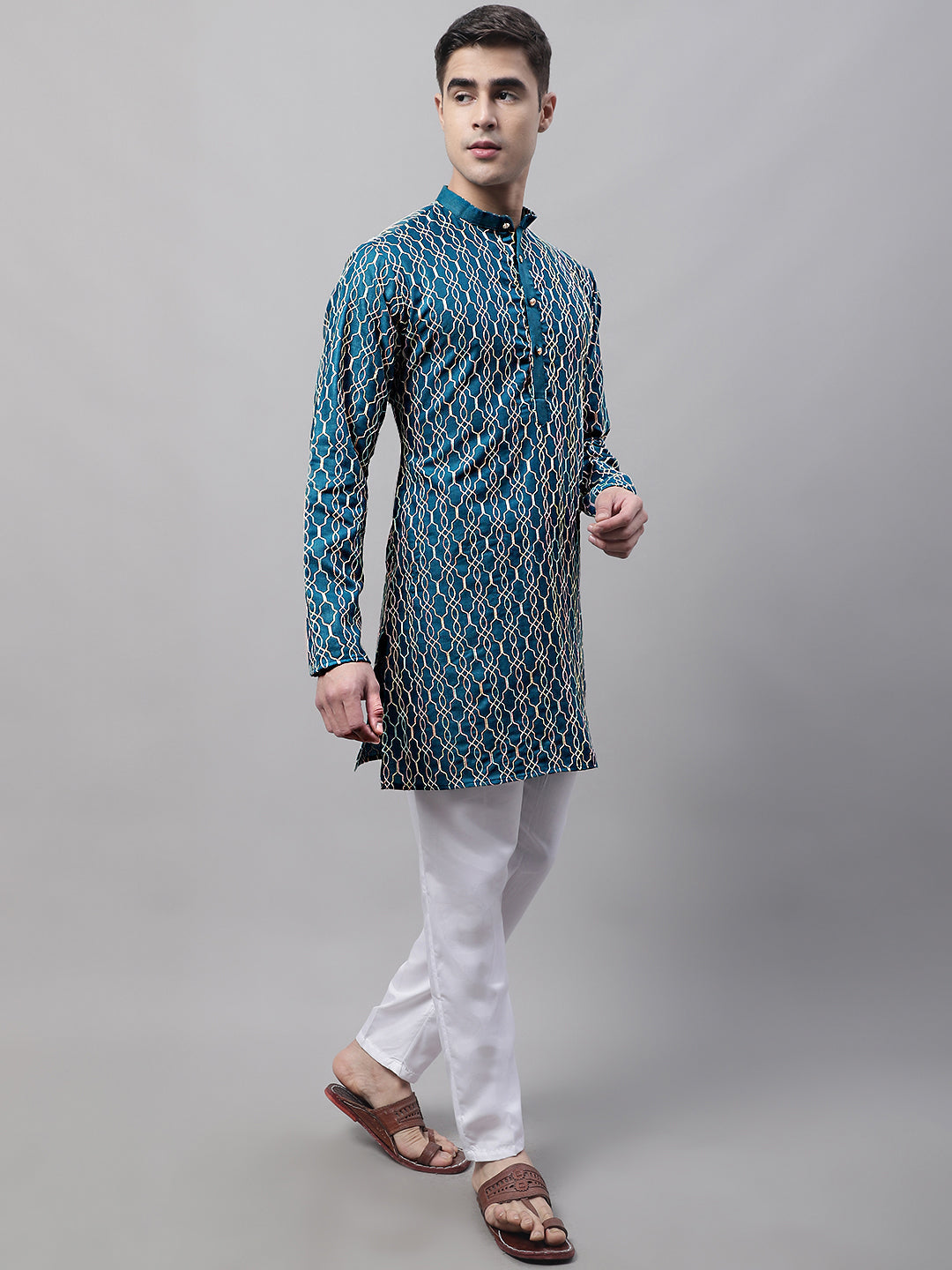 Jompers Men's Teal Blue and Multi Coloured Embroidered Straight Kurta Pyjama Set