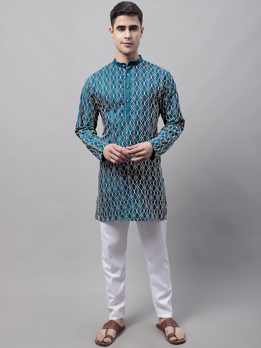 Jompers Men's Teal Blue and Multi Coloured Embroidered Straight Kurta Pyjama Set