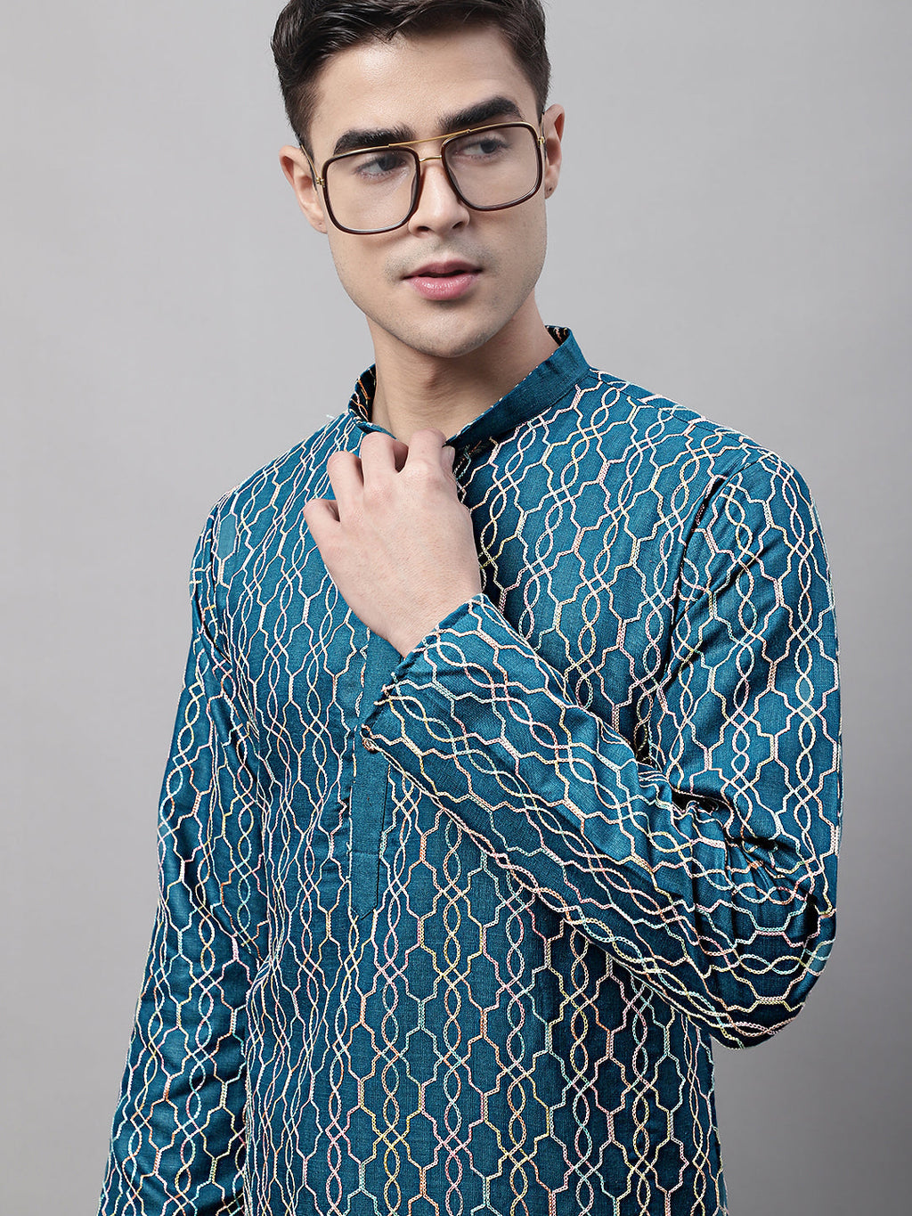 Jompers Men's Teal Blue and Multi Coloured Embroidered Straight Kurta Pyjama Set