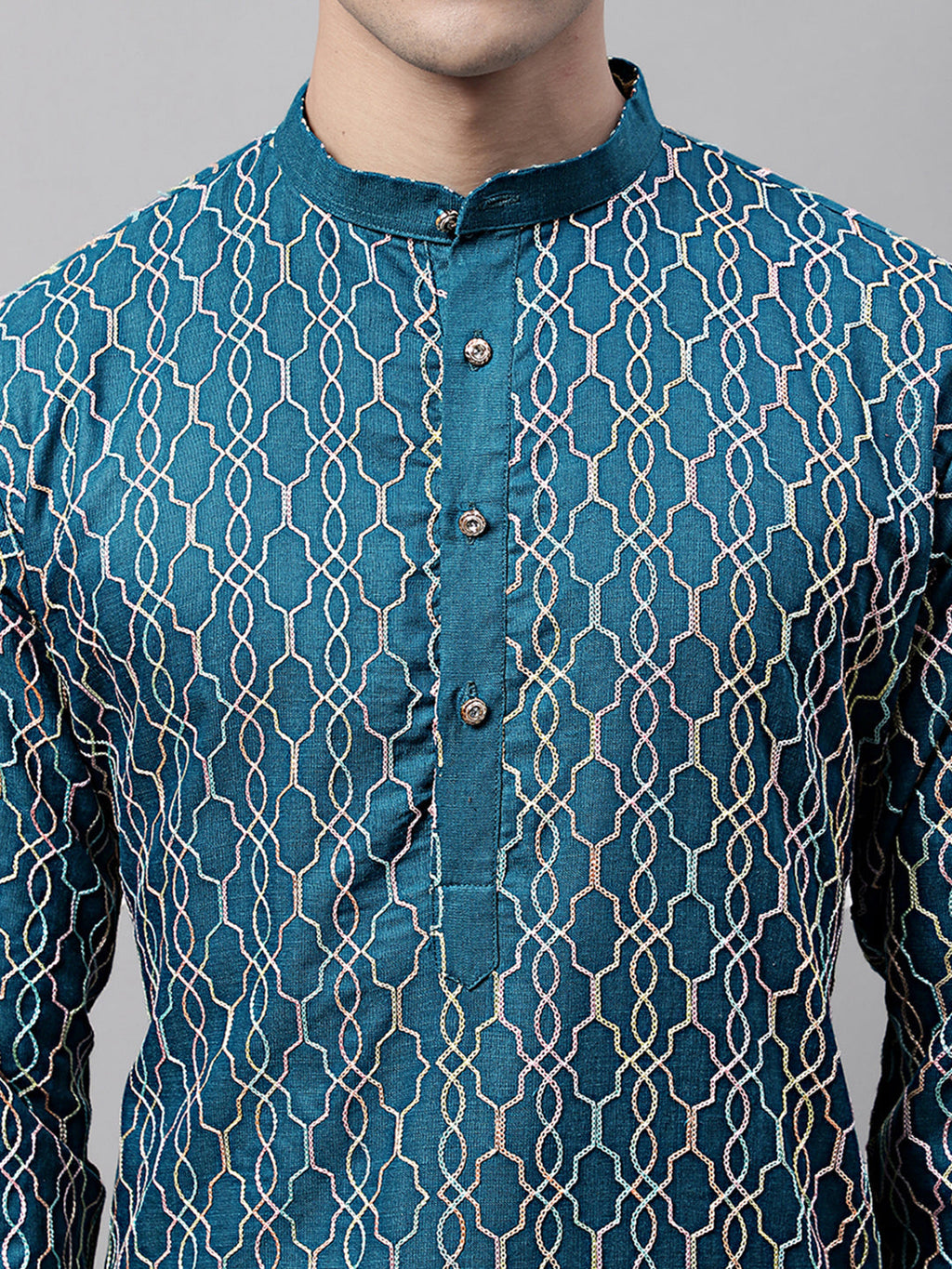 Jompers Men's Teal Blue and Multi Coloured Embroidered Straight Kurta Pyjama Set